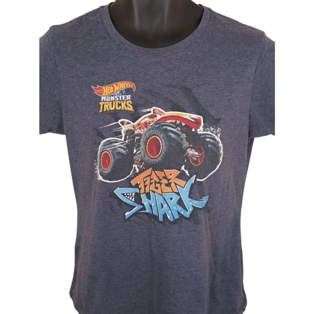 Hot Wheels T Shirt Womens Size Large Gray Monster Trucks Tiger Shark Mattel Toys
